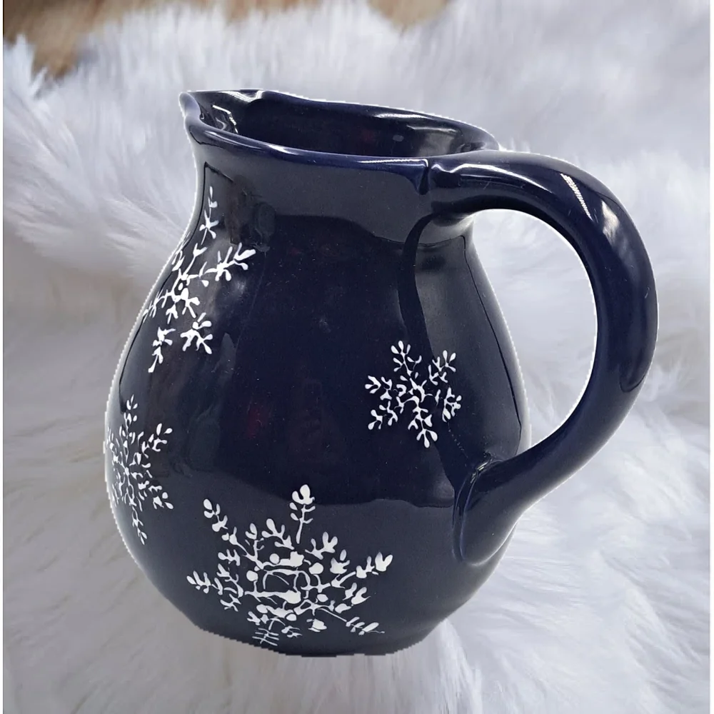 Navy Blue Ceramic Pitcher with White Snow Flakes